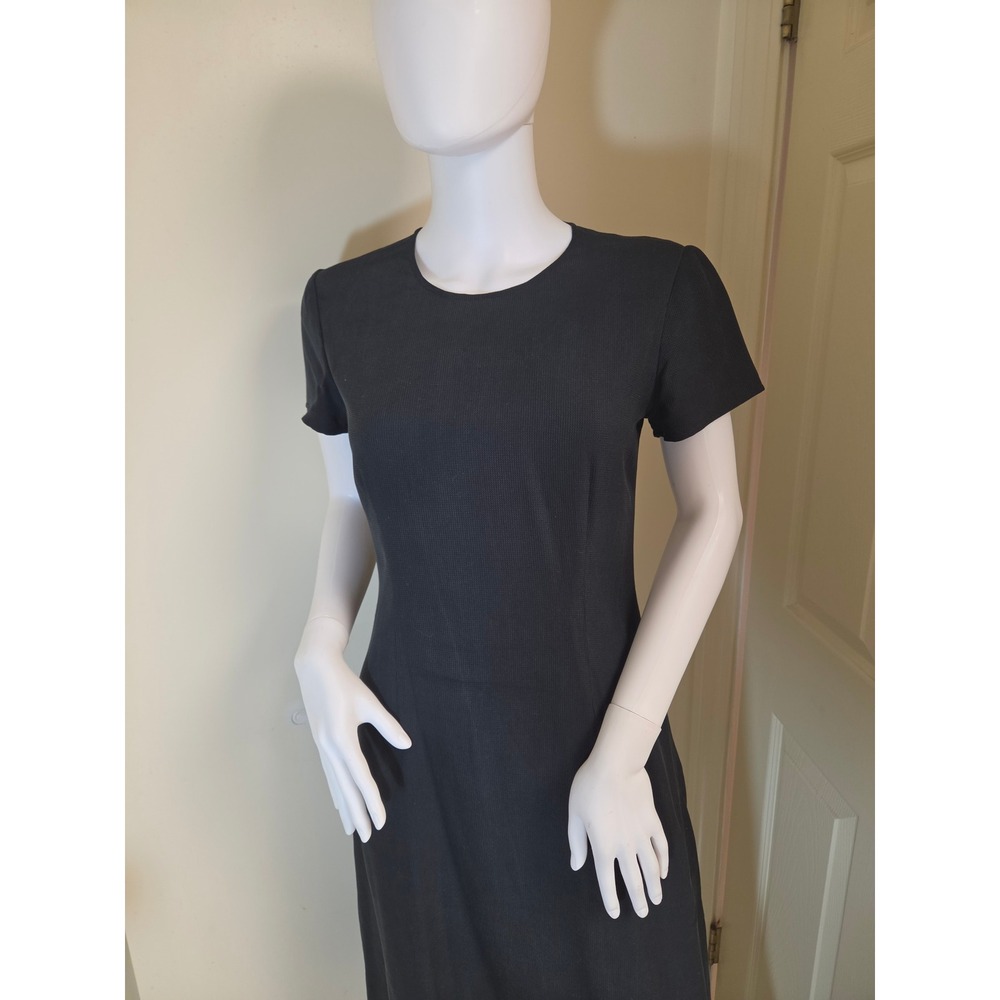 Finity‎ Black 100% Silk Short Sleeve Midi Dress Size 4 Textured Crew Neck Lining